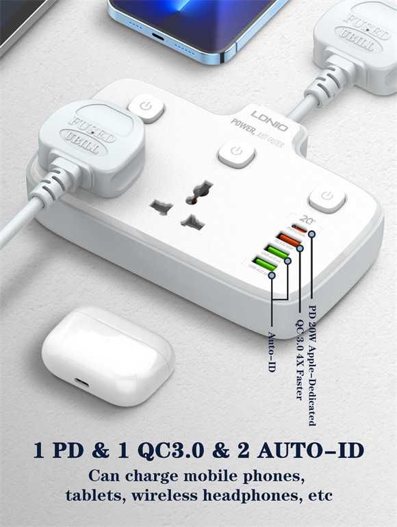 LDNIO SC2413 2500W Power Strip- 2 AC Sockets & 4 USB