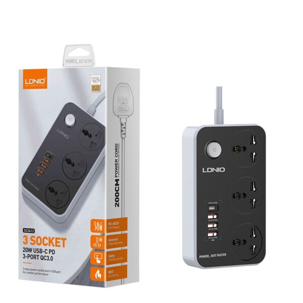 LDNIO SC3412 38W Power Strip 3 AC Universal Outlets & 4 Fast USB Ports