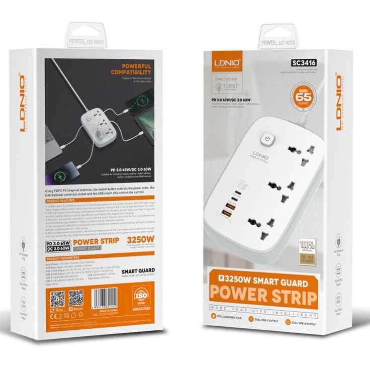 LDNIO SC3416 65W GaN Power Strip- 3 AC & 4 USB