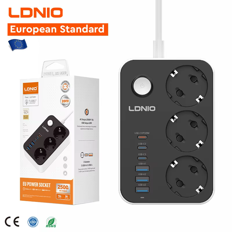 LDNIO SC3631 Smart Power Strip - 3 AC Outlets & 6 USB Ports, 1.6M, 2500W