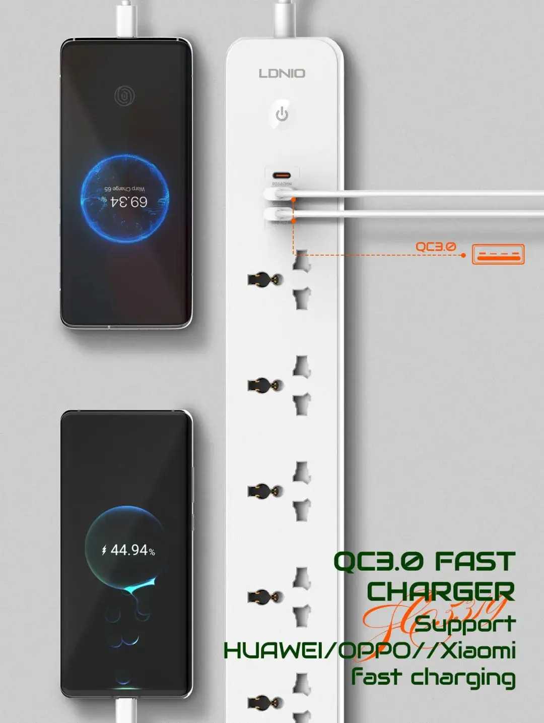 LDNIO SC5319 Power Strip | 5 Sockets & 38W PD/QC Fast Charging