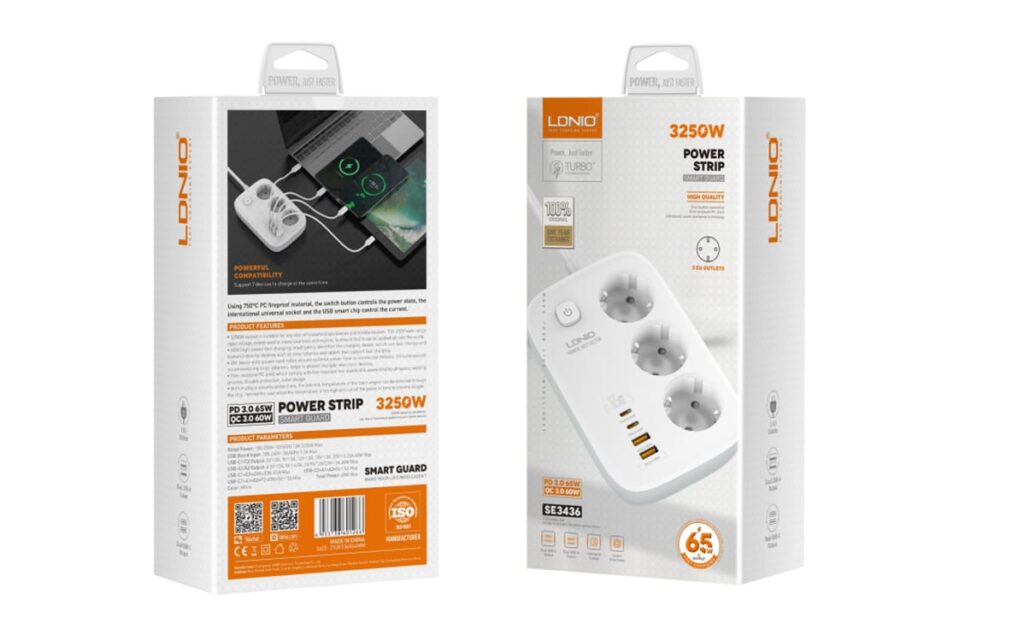 LDNIO SE3436 65W GaN Power Strip (3 AC Outlets, 4 USB Ports) price in Bangladesh