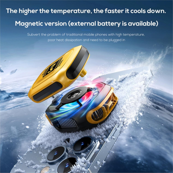 Key Features & Performance Dual Power Modes: Can be used wirelessly with its built-in 2000mAh battery or connected via Type-C for continuous cooling. Cooling Technology: Utilizes an 11W (rated 10W) TEC refrigeration chip and a 7-blade vortex fan that reaches up to 5500–7500 RPM for instant "ice-freeze" effects. Battery Life: Offers approximately 30–80 minutes of cordless operation on a full charge, depending on the cooling mode used. Digital Display: Includes a real-time LED temperature screen to monitor cooling performance. Design: Features dynamic RGB lighting for an eSports aesthetic and operates with low noise (approx. 35–38 dB). Technical Specifications Specification Details Material ABS + Aluminum Alloy Power Input 5V/2A (via USB Type-C) Cooling Power 10W – 11W Weight ~120g Dimensions 54mm x 69.5mm x 44mm Mounting Magnetic (MagSafe compatible)