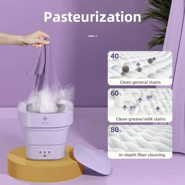 Key Features and Specifications Ultra-Compact Portability: The foldable bucket-style design is ideal for travel, dorms, RVs, and small apartments. Washing Capacity: Handles approximately 0.7 lb (0.32 kg) of laundry per cycle. This is enough for: 1-2 baby T-shirts. 6-8 pieces of underwear. 10-12 pairs of socks. Three-Gear Timer: Offers 3, 6, and 10-minute wash cycles to suit different levels of soil. Energy and Water Efficient: Operates at a low 10W rated power, significantly reducing electricity consumption compared to full-sized machines. Gentle on Fabrics: Designed with a gentle motor action specifically to protect sensitive materials like silk and infant wear. Durable Build: Constructed from high-quality, eco-friendly ABS plastic for longevity price